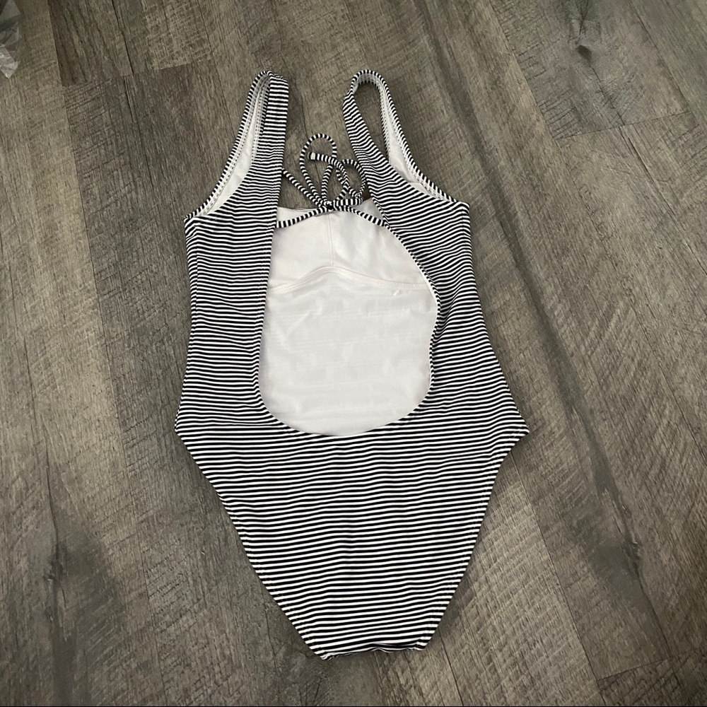 Aerie blue white one piece swimsuit stripe aerie black swimsuit size small - Picture 2 of 6
